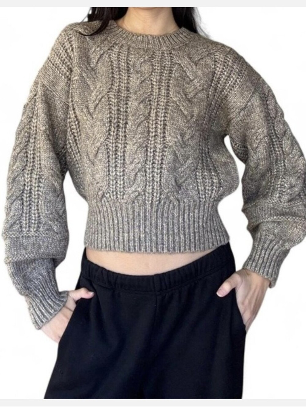 Tularosa Britni Oversized Balloon Sleeve Cropped Cable Knit Sweater Sage L